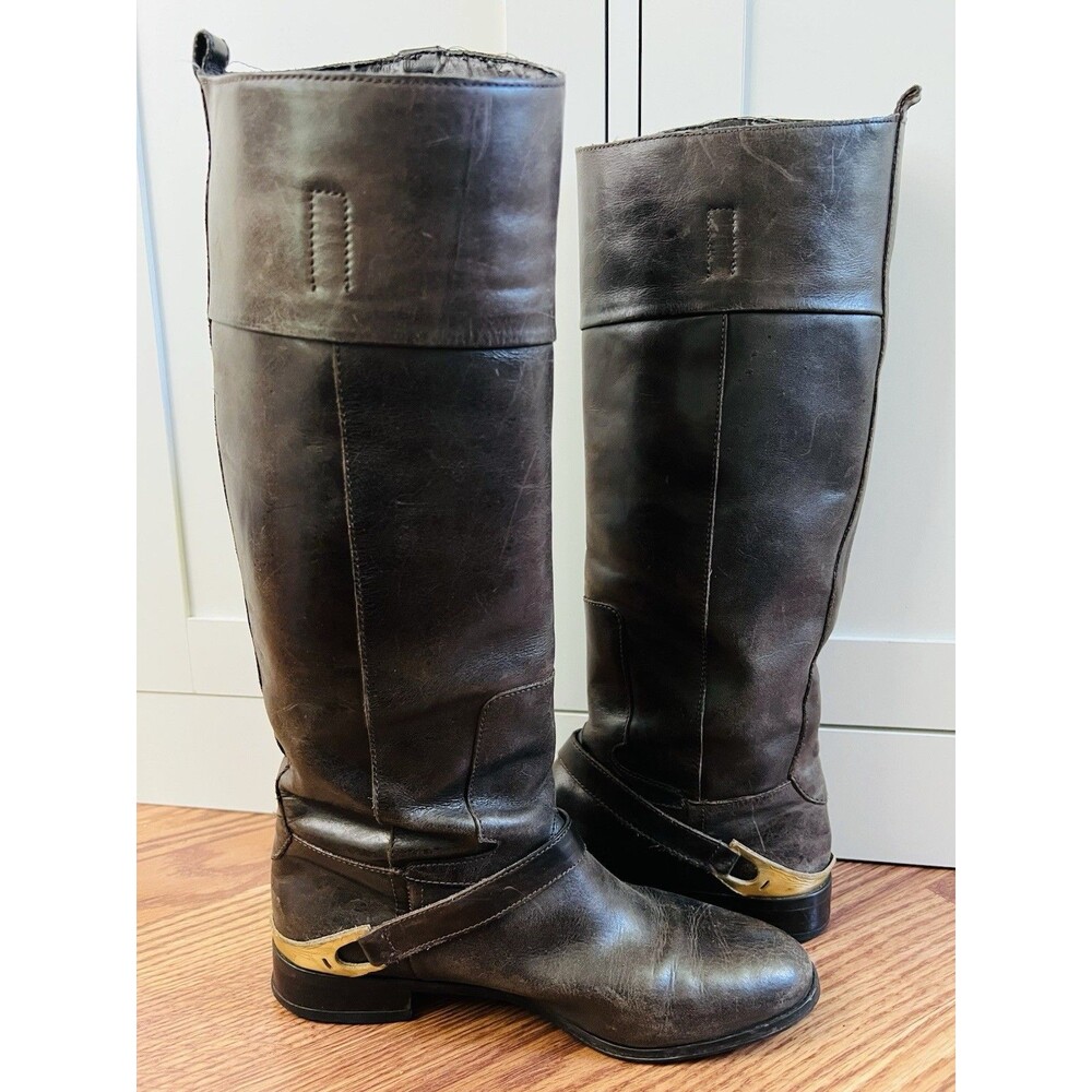 Gianni Bini Stallion Brown Distressed Leather Tall Gold Harness Riding Boots 6.5